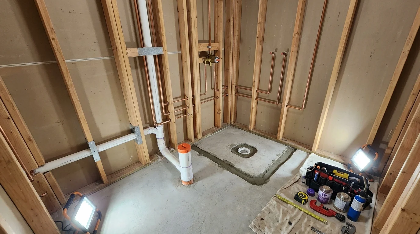 Bathroom rough-in plumbing during remodel by Johns Plumbing LLC in Orangevale