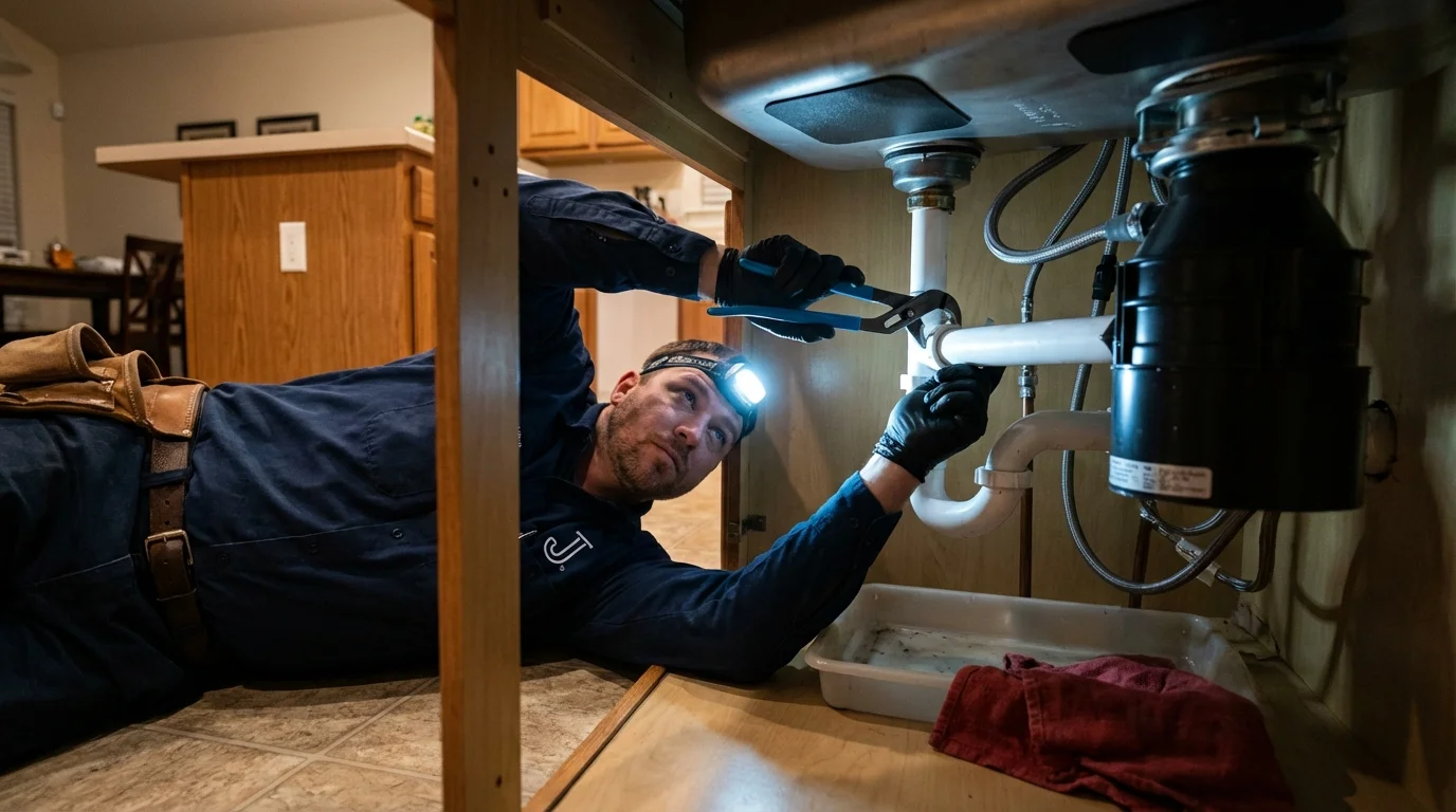 P-trap and supply line connections under a kitchen sink showing a common leak point in Orangevale, CA